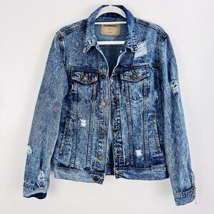 Carbon Blue Denim Ripped Torn Distressed Jean Jacket Y2K 90s Street ~Size Medium